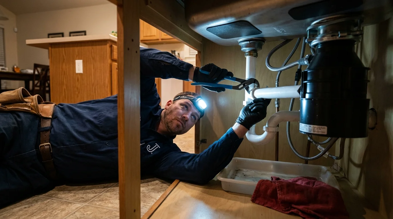 P-trap and supply line connections under a kitchen sink showing a common leak point in Marysville, PA